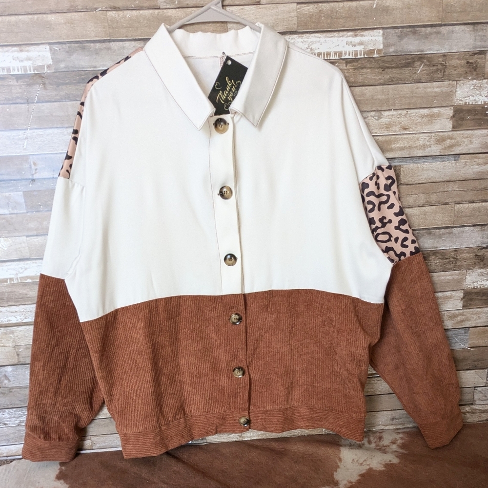 New Colorblock Corduroy Brown With White & Leopard Print Drop Shoulder Shacket